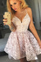 A-Line Spaghetti Straps Pink Lace Homecoming Dress, Short Lace Formal Dresses UQ1924