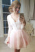 A-Line V-Neck Low Cut Lace Tulle Pink Homecoming Party Dress with Long Sleeves N1904