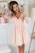 A-Line V-Neck Pink Tulle Long Sleeves Tulle Homecoming Dress with Lace N1905