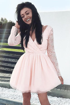 A-Line V-Neck Pink Tulle Long Sleeves Tulle Homecoming Dress with Lace UQ1905