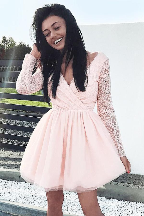 A-Line V-Neck Pink Tulle Long Sleeves Tulle Homecoming Dress with Lace –  cherishgirls