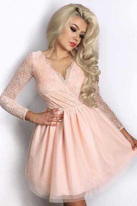 A-Line V-Neck Pink Tulle Long Sleeves Tulle Homecoming Dress with Lace   cherishgirls