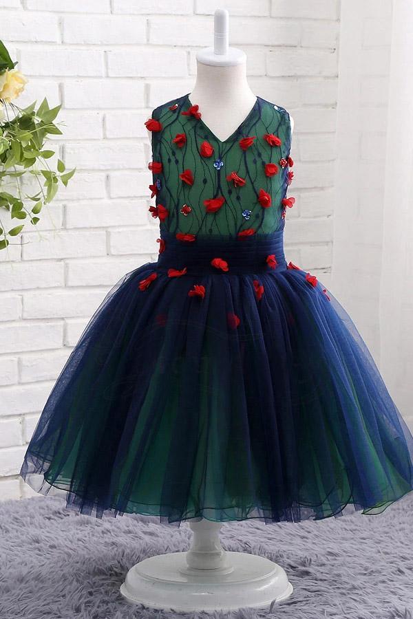 A-line Sleeveless Cute V Neck Tulle Flower Girl Dress with Red Appliques UF056