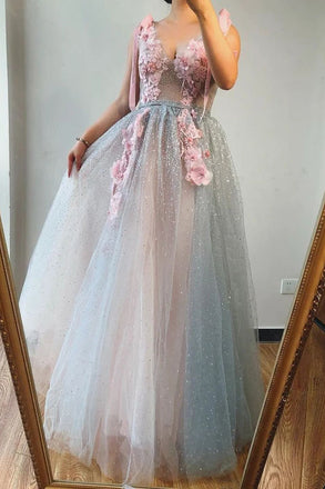 A-Line V Neck Sleeveless Pink Long Prom Dresses With Applique Beautiful Evening Gowns CHP0029