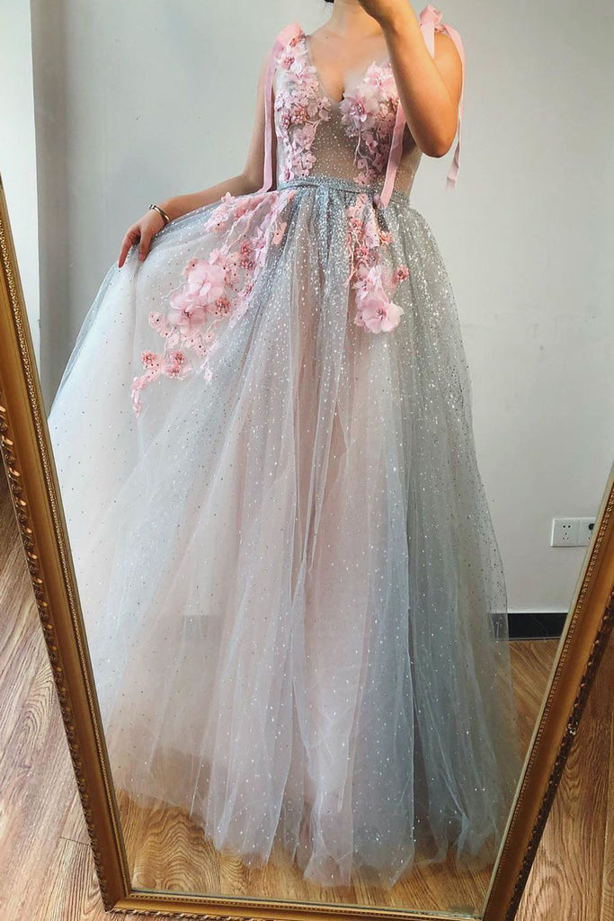 A-Line V Neck Sleeveless Pink Long Prom Dresses With Applique Beautiful Evening Gowns CHP0029