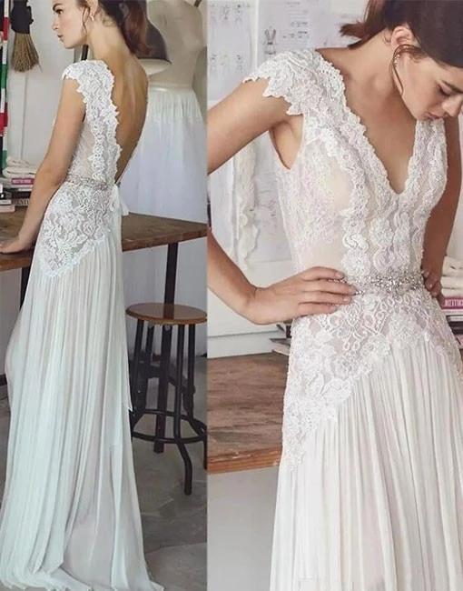 Unique V Neck Cap Sleeves Chiffon Beach Wedding Dress with Beading Waist UQ2521