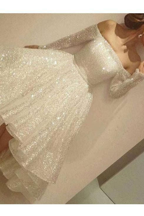 Sparkly Hi-Lo Knee Length Off the Shoulder Long Sleeves Sequins Homecoming Dresses, Graduation Dresses, Sweet Dress chh0006