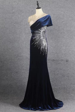 Unique Mermaid Royal Blue Short Sleeves Cheap Long Prom Dresses Evening Party Dresses With Beading CHP0067