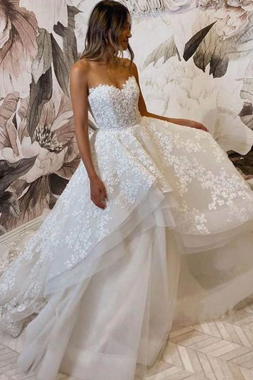 A-Line Hi-Lo Sweetheart Exquisite Wedding Dresses, Fancy Lace Newest Bridal Gowns With Applique CHW0001