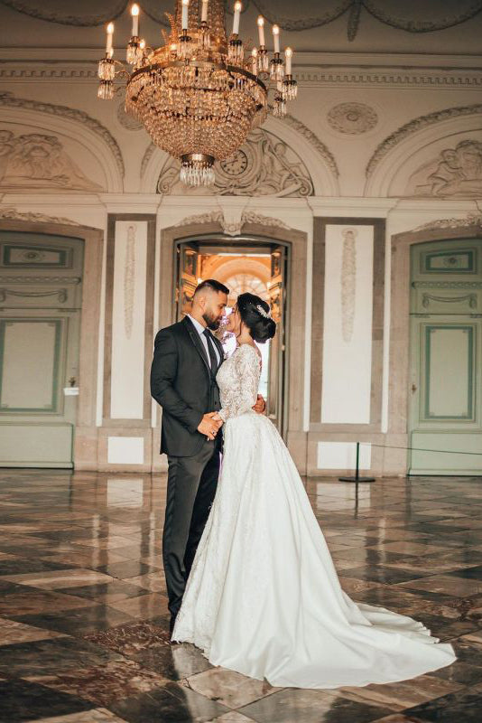 Elegant White Long Sleeves Wedding Gown Floral Lace Bridal Gown with Sweep Train CHW0018