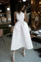 Elegant Tea Length Satin Party Dress, Simple Spaghetti Straps Backless Prom Dress With Pockets CHP0106