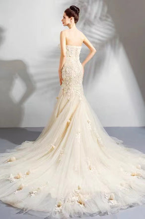 Mermaid Sweetheart Sleeveless Lace Applique Bridal Gowns With Sweep Train,Wedding Dresses CHW0024