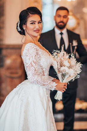 Elegant White Long Sleeves Wedding Gown Floral Lace Bridal Gown with Sweep Train CHW0018