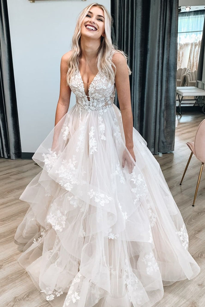 A-Line Lace Wedding Dress With Sweep Train ,Deep V Neck Lace Appliques Bridal Gowns CHW0033