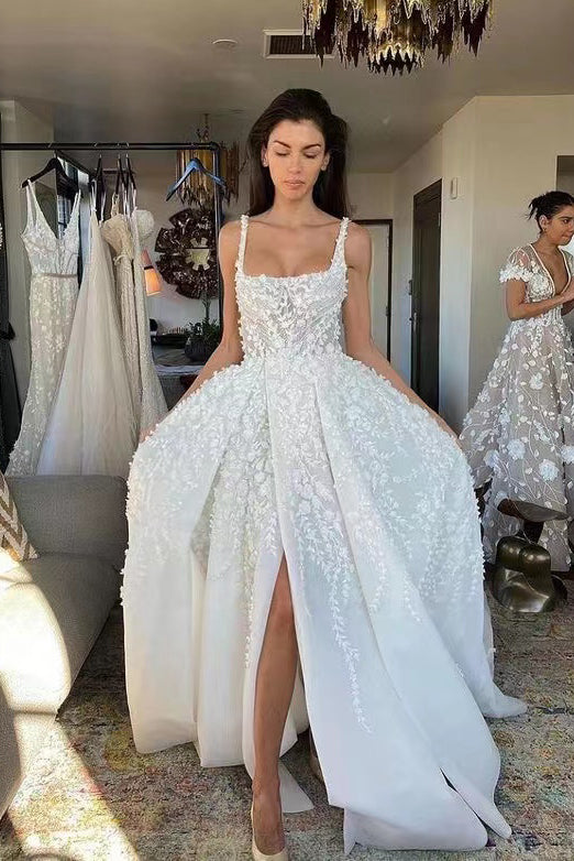 Gorgeous A Line Spaghetti Straps Lace Appliques Wedding Dresses With Slit ,Bridal Gowns With Sweep Train CHW0034