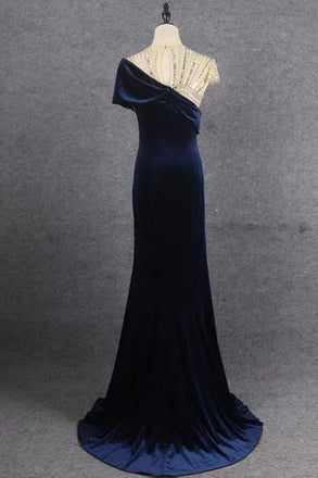 Unique Mermaid Royal Blue Short Sleeves Cheap Long Prom Dresses Evening Party Dresses With Beading CHP0067