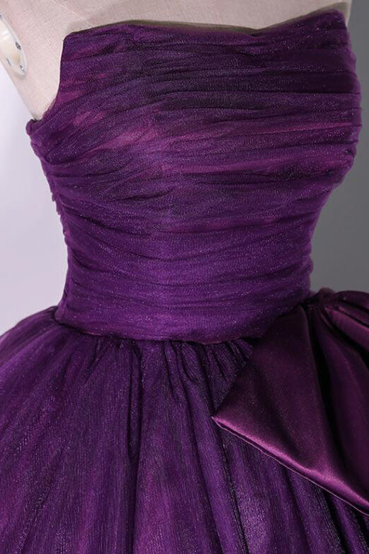 Purple Strapless Tulle Ball Gown Bowknot Formal Dresses, Purple Sleeveless Sweet Bowknot Prom Dresses CHP0057