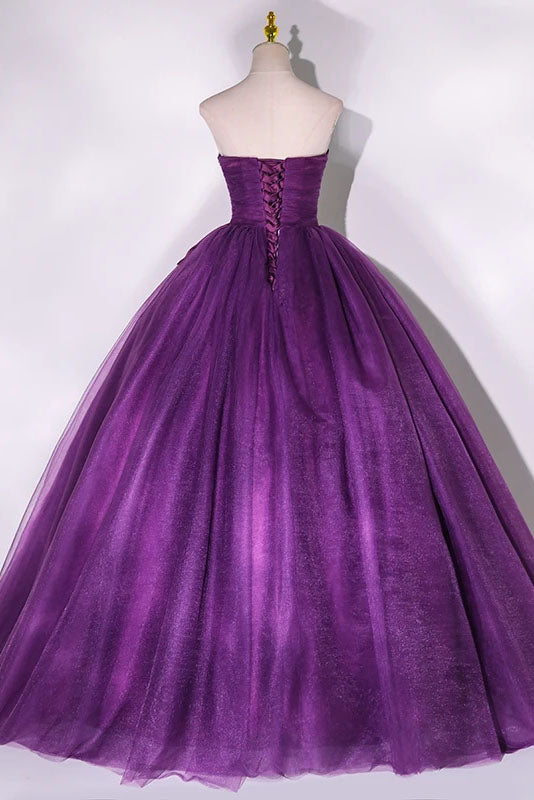 Purple Strapless Tulle Ball Gown Bowknot Formal Dresses, Purple Sleeveless Sweet Bowknot Prom Dresses CHP0057