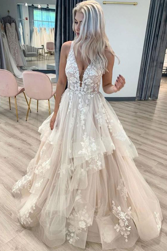 A-Line Lace Wedding Dress With Sweep Train ,Deep V Neck Lace Appliques Bridal Gowns CHW0033