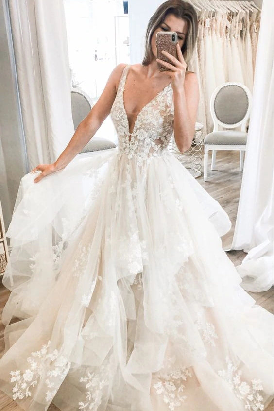 A-Line Lace Wedding Dress With Sweep Train ,Deep V Neck Lace Appliques Bridal Gowns CHW0033