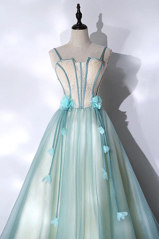 Mint Green and Champagne Long Tulle with Hand-Made Flower Sweet Dress, Unique Long Party Dresses CHP0056