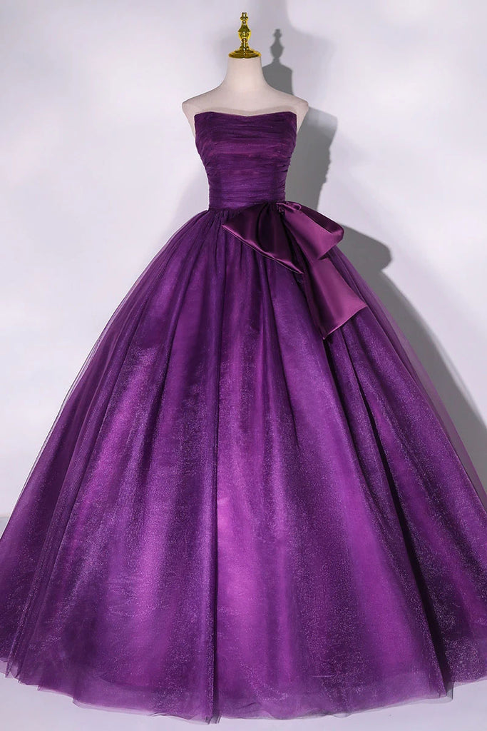 Purple Strapless Tulle Ball Gown Bowknot Formal Dresses, Purple Sleeveless Sweet Bowknot Prom Dresses CHP0057