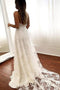 A Line Spaghetti Straps V Neck Long Lace Wedding Dresses with High Slit CHW0140