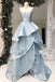 Light Blue Strapless Sleeveless Prom Dresses,A Line Tiered Satin Evening Dresses CHP0092