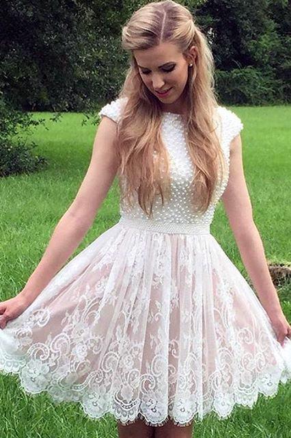 A Line Cap Sleeves Lace Homecoming Dress with Pearls, Short Lace Graduation Dress N2149