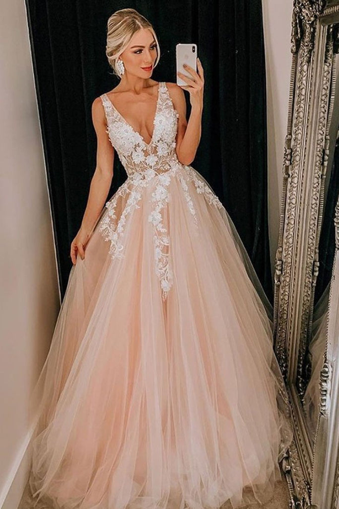 Puffy Deep V Neck Sleeveless Tulle Prom Dresses, A Line Appliqued Floor Length Party Dress N2571