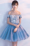 A Line Off The Shoulder Applique Short Homecoming Dress, Puffy Cocktail Dresses UQ1947