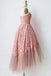 Pink Lace Strapless Tulle Short Prom Dresses, Unique Tulle Homecoming Dresses UQ1991