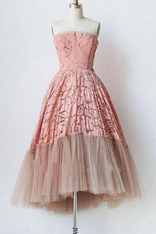 Pink Lace Strapless Tulle Short Prom Dresses, Unique Tulle Homecoming Dresses UQ1991