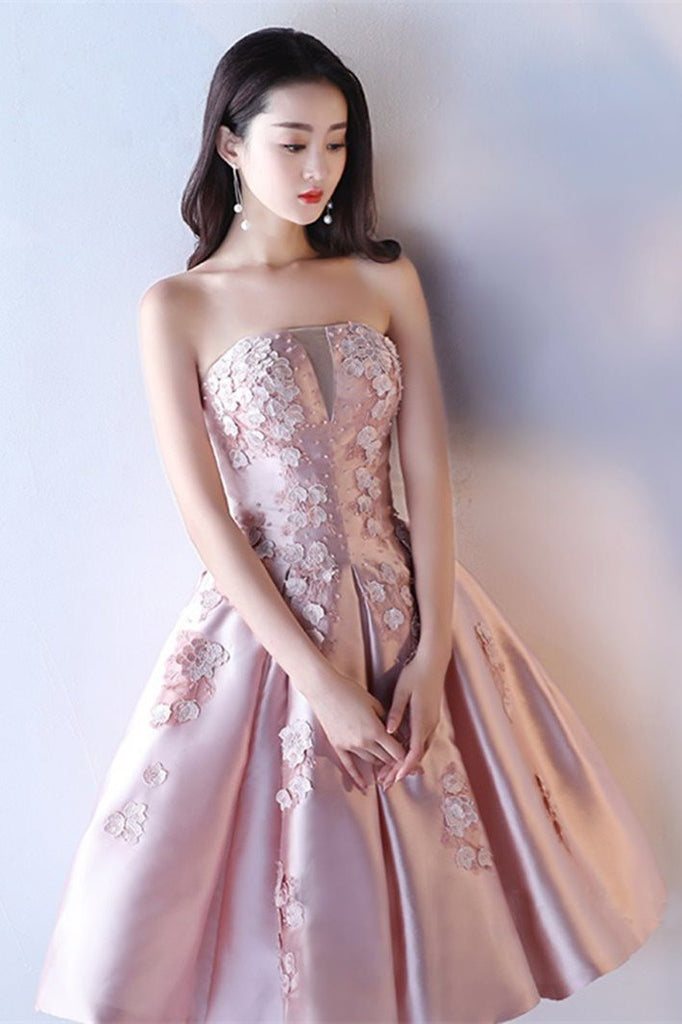Pink A Line Strapless Applique Knee Length Homecoming Dress, Short Pro cherishgirls Pink A Line Strapless Applique Knee Length Homecoming Dress, Short Pro cherishgirls