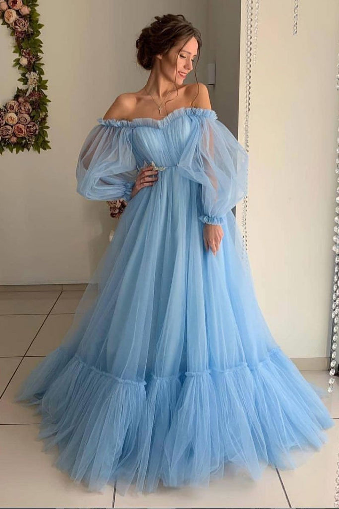 A Line Long Sleeve Off the Shoulder Long Prom Dress, Blue Tulle Floor Length Formal Dress N1703