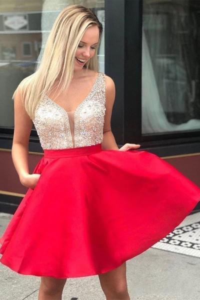 Red V Neck Sleeveless Homecoming Dress, Beading Backless Satin Short P cherishgirls Red V Neck Sleeveless Homecoming Dress, Beading Backless Satin Short P cherishgirls