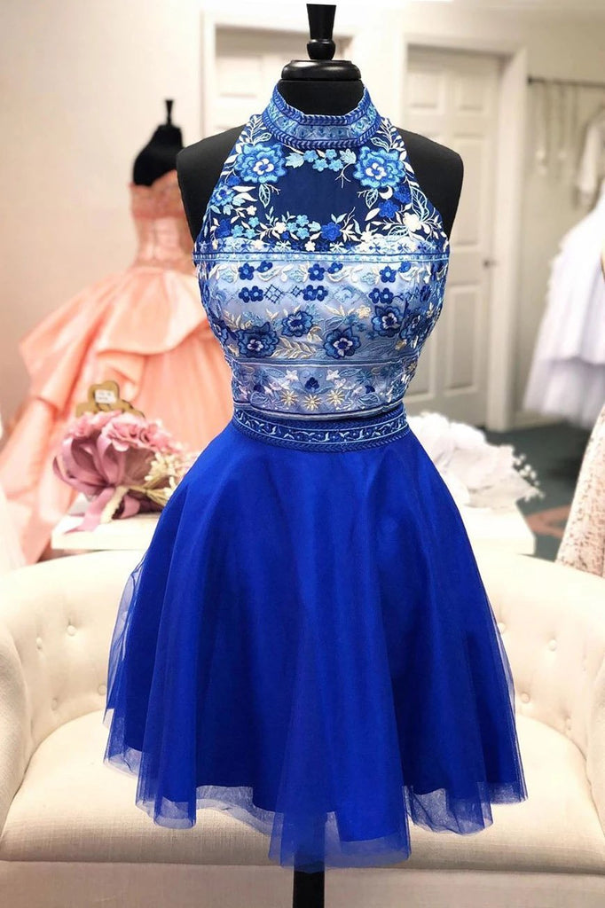 Two Piece High Neck Royal Blue Sleeveless Tulle Homecoming Dresses with Applique UQ2115