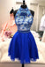 Two Piece High Neck Royal Blue Sleeveless Tulle Homecoming Dresses with Applique N2115