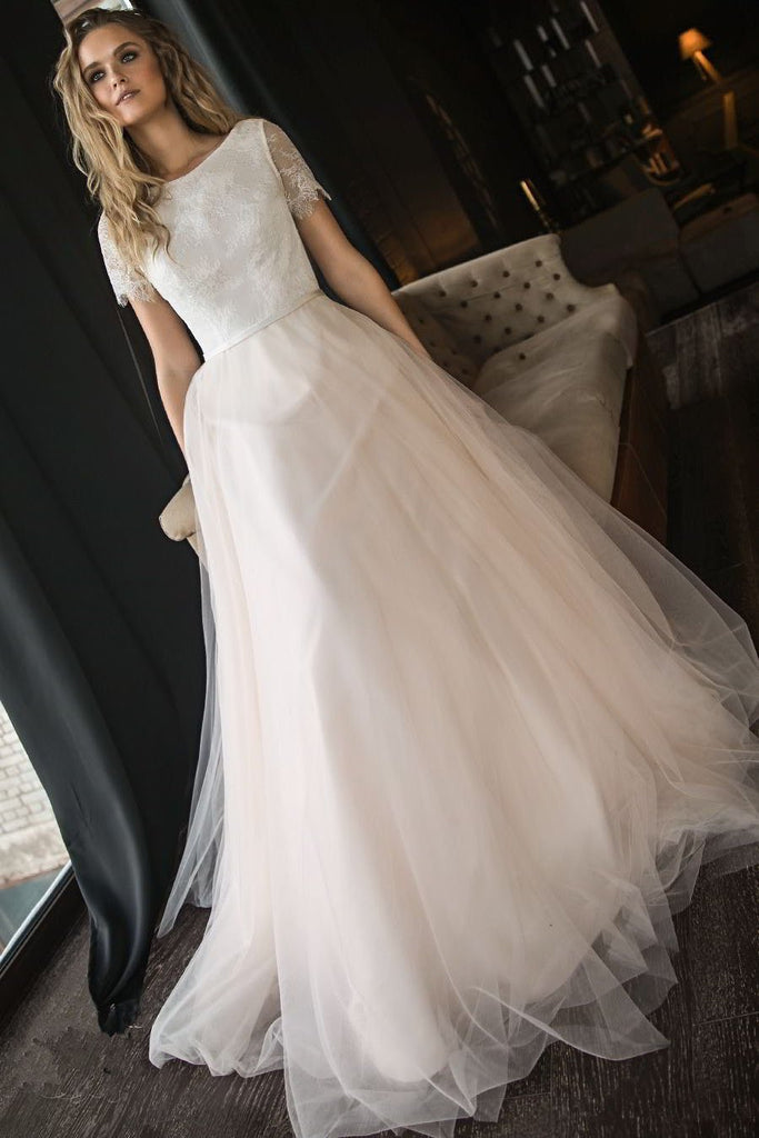 A Line Tulle Wedding Dress with Short Sleeves, Elegant Beach Wedding Dress with Lace N2379