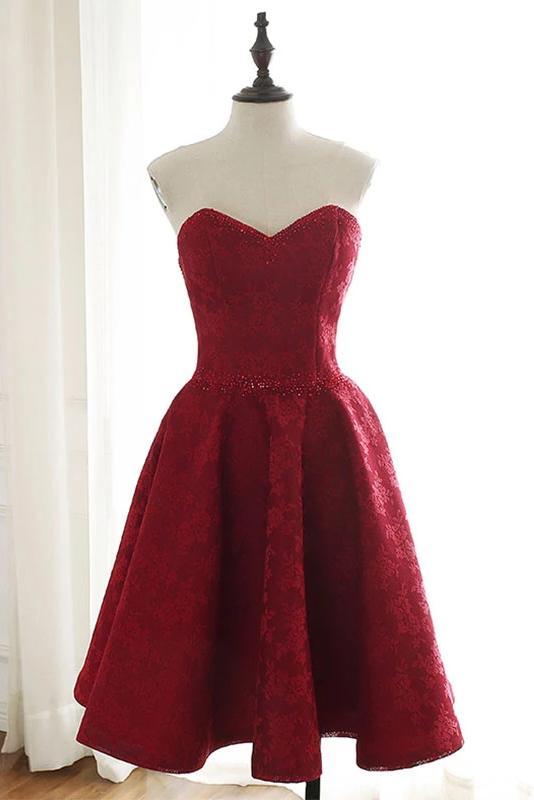 Burgundy Sweetheart Lace Homecoming Dress, A Line Sleeveless Short Prom Dress N2137
