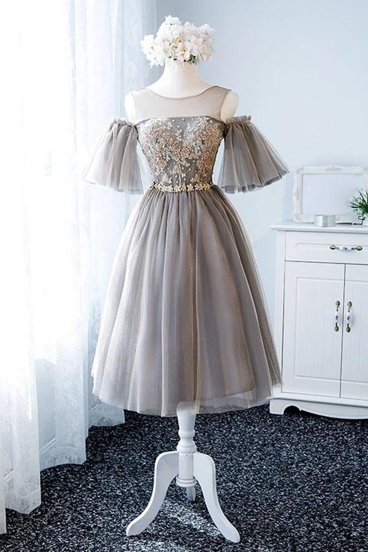 A Line Knee Length Tulle Homecoming Dress with Sleeves, Cute Short Pro –  cherishgirls