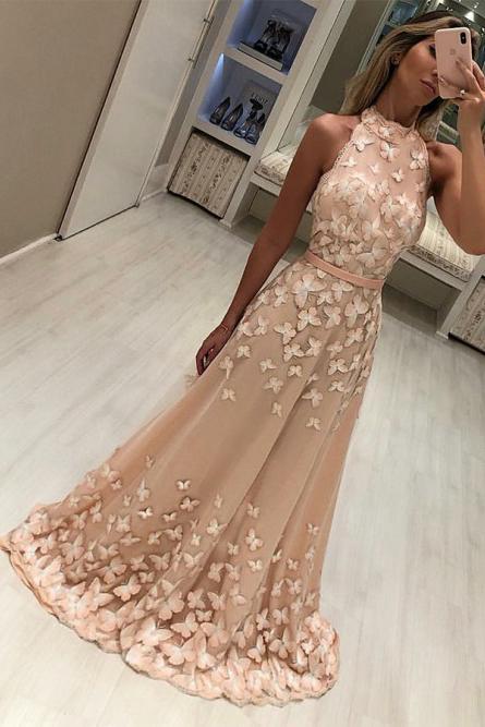 Modest High Neck Champagne Sleeveless Sweep Train Prom Evening Dresses with Appliques UQ1686 cherishgirls Modest High Neck Champagne Sleeveless Sweep Train Prom Evening Dresses with Appliques UQ1686 cherishgirls