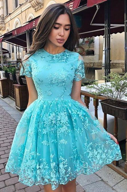 A Line Short Sleeve Lace Homecoming Dress, Charming Short Prom Dress with Short Sleeves N1862