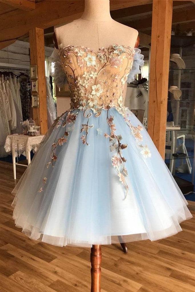 A Line Above-Knee Light Blue Tulle Homecoming Prom Dress with Appliques UQ1877 A Line Above-Knee Light Blue Tulle Homecoming Prom Dress with Appliques UQ1877