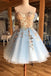 A Line Above-Knee Light Blue Tulle Homecoming Prom Dress with Appliques UQ1877