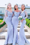Mermaid Elastic Satin Applique Off-the-Shoulder Long Sleeves Floor-Length Bridesmaid Dresses UQ2382