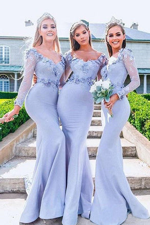 Pink Mermaid Applique Off-the-Shoulder Long Sleeves Floor-Length Bridesmaid Dresses UQ2481