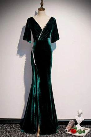 Dark Green Velvet Mermaid Slit V-Neck Formal Dress Party Dress, Long Evening Dresses CHP0058
