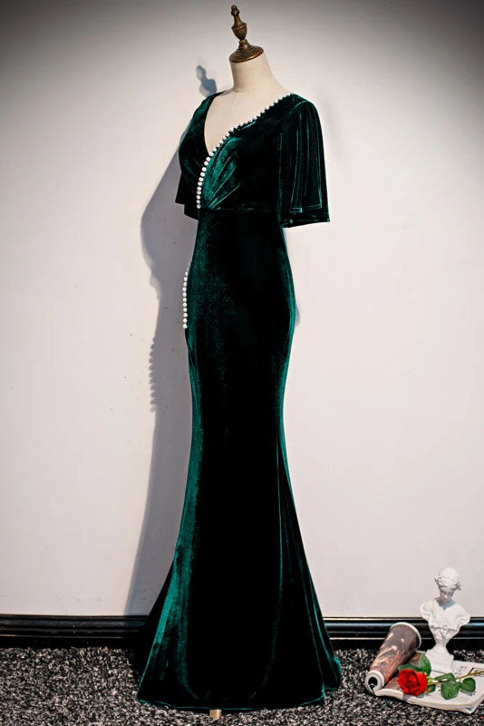 Dark Green Velvet Mermaid Slit V-Neck Formal Dress Party Dress, Long Evening Dresses CHP0058