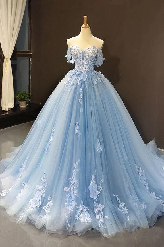 Light Sky Blue Off the Shoulder Ball Gown Tulle Prom Dress with Applique N2106
